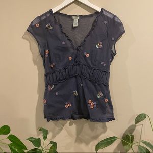 Anthropologie Embroidered Navy Butterfly Top